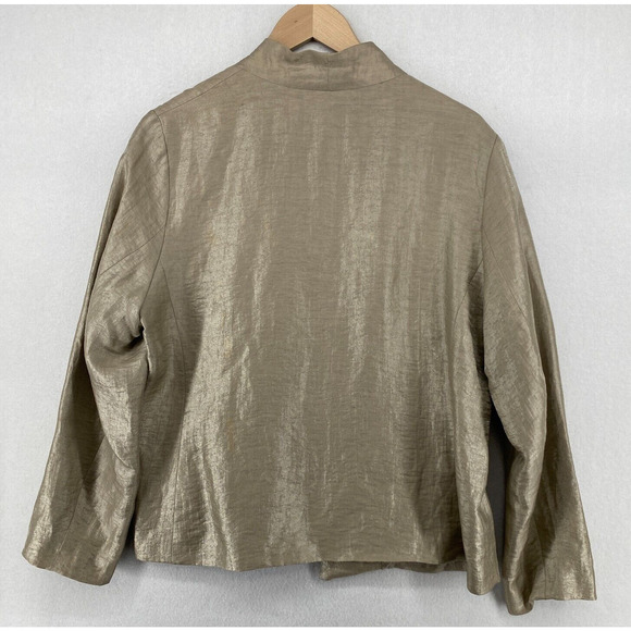 EILEEN FISHER Blazer L Linen Nylon Sparkle Shine Open Front Long Sleeve Beige - Picture 3 of 14